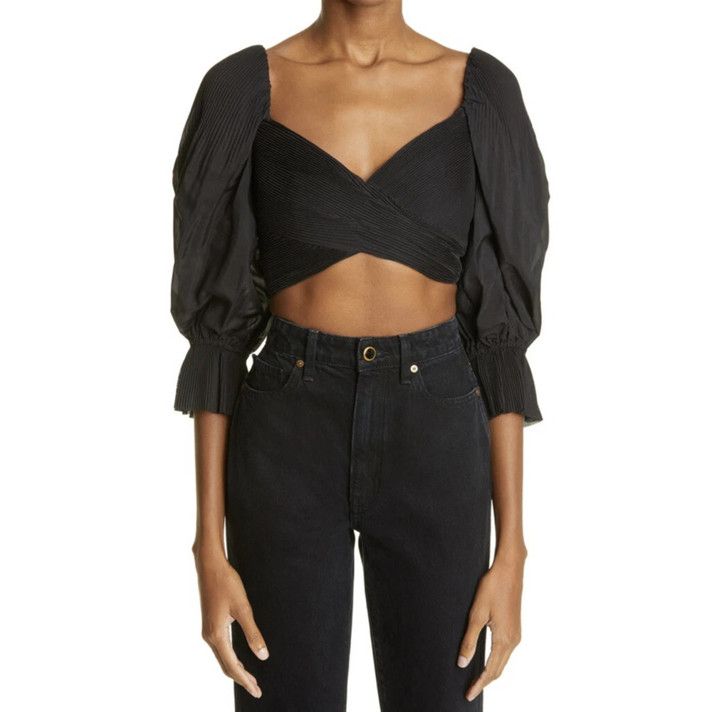 Zimmermann Pleated Sweetheart Neck Blouson-Sleeve Crop Blouse Black Women's 0